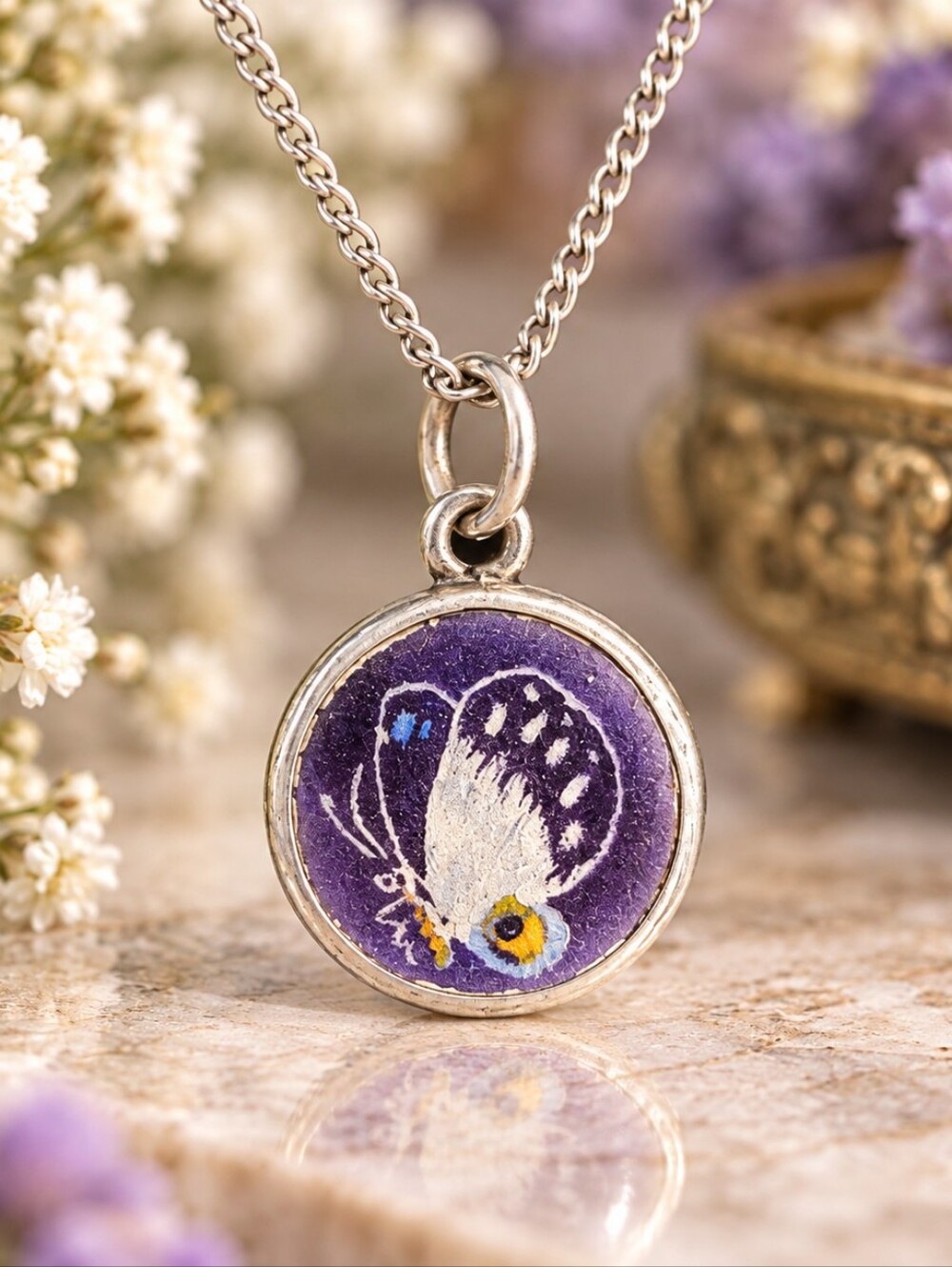 Vintage Italian Sterling Silver Tiny Butterfly Pendant Necklace – Purple Enamel